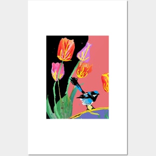 Abstract Blue Wren and Tulips Painting - on Multicoloured Black Pattern Posters and Art